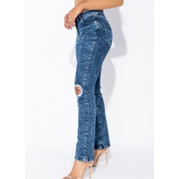 Blue Acid Wash High Waist Ripped Distressed Straight Leg Jeans Denim - Picture 12 of 13